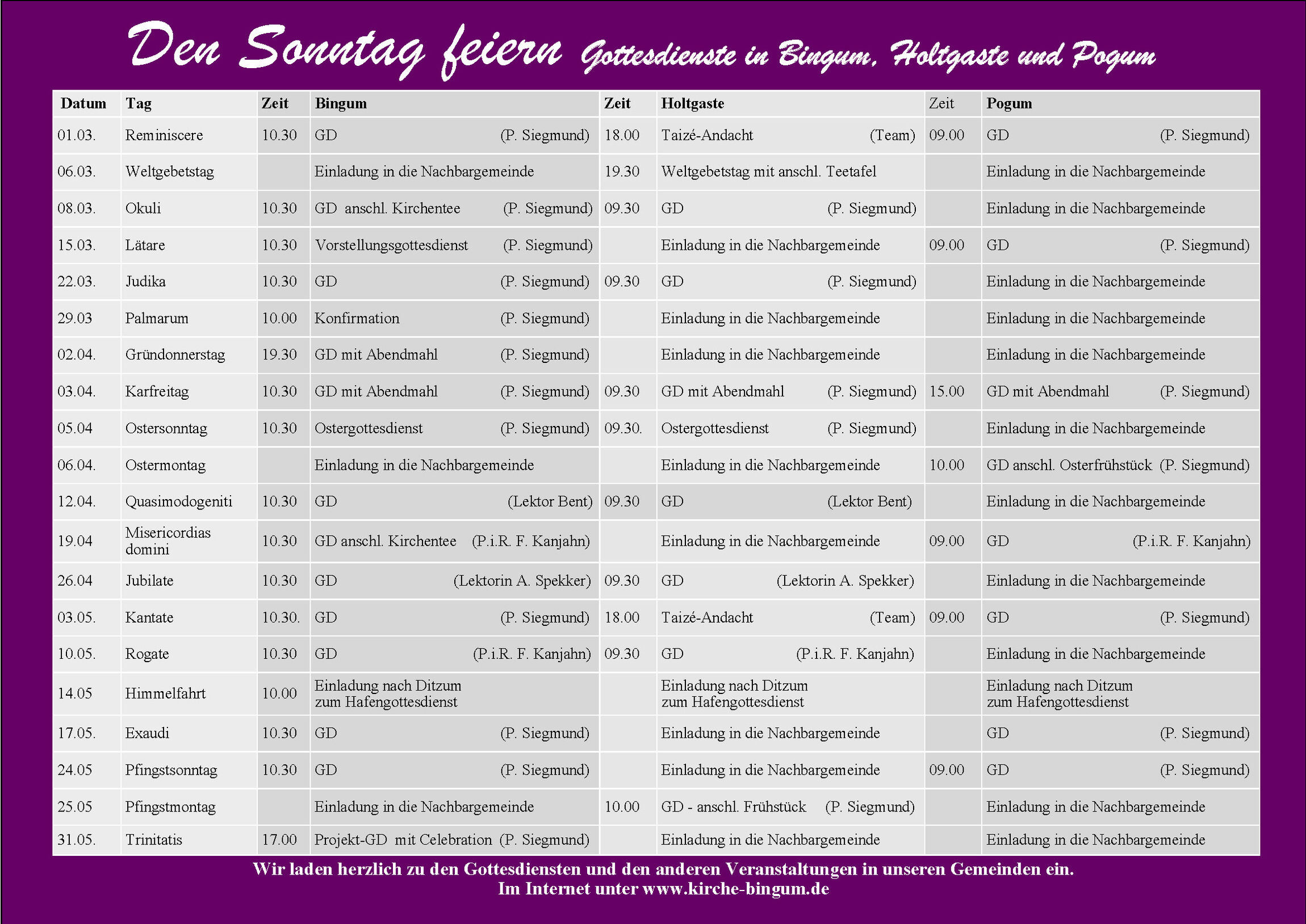 Gottesdienste Bingum - Holtgaste - Pogum (03 - 05/2026)