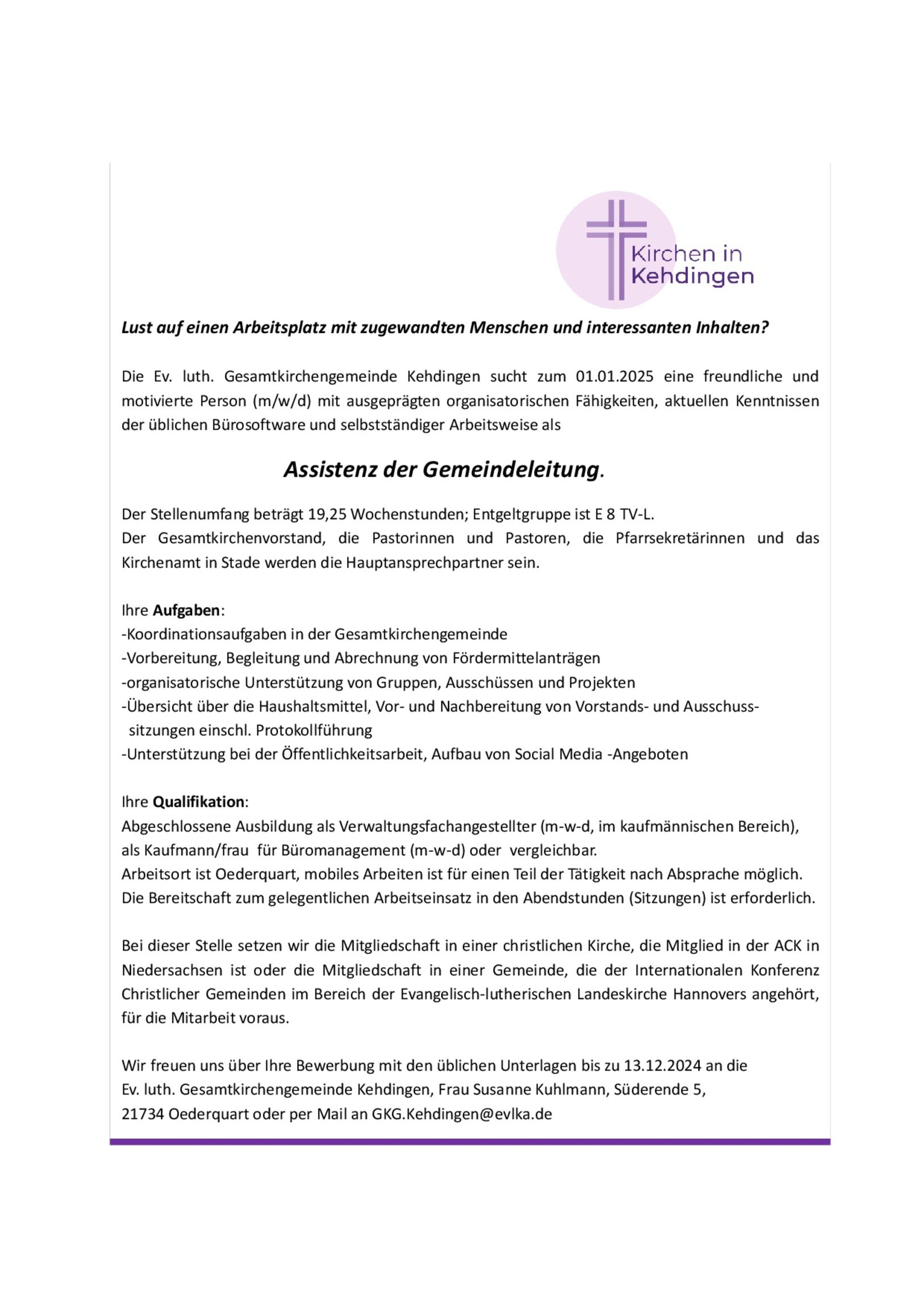 Stellenanzeige Assistenz der Gemeindeleitung