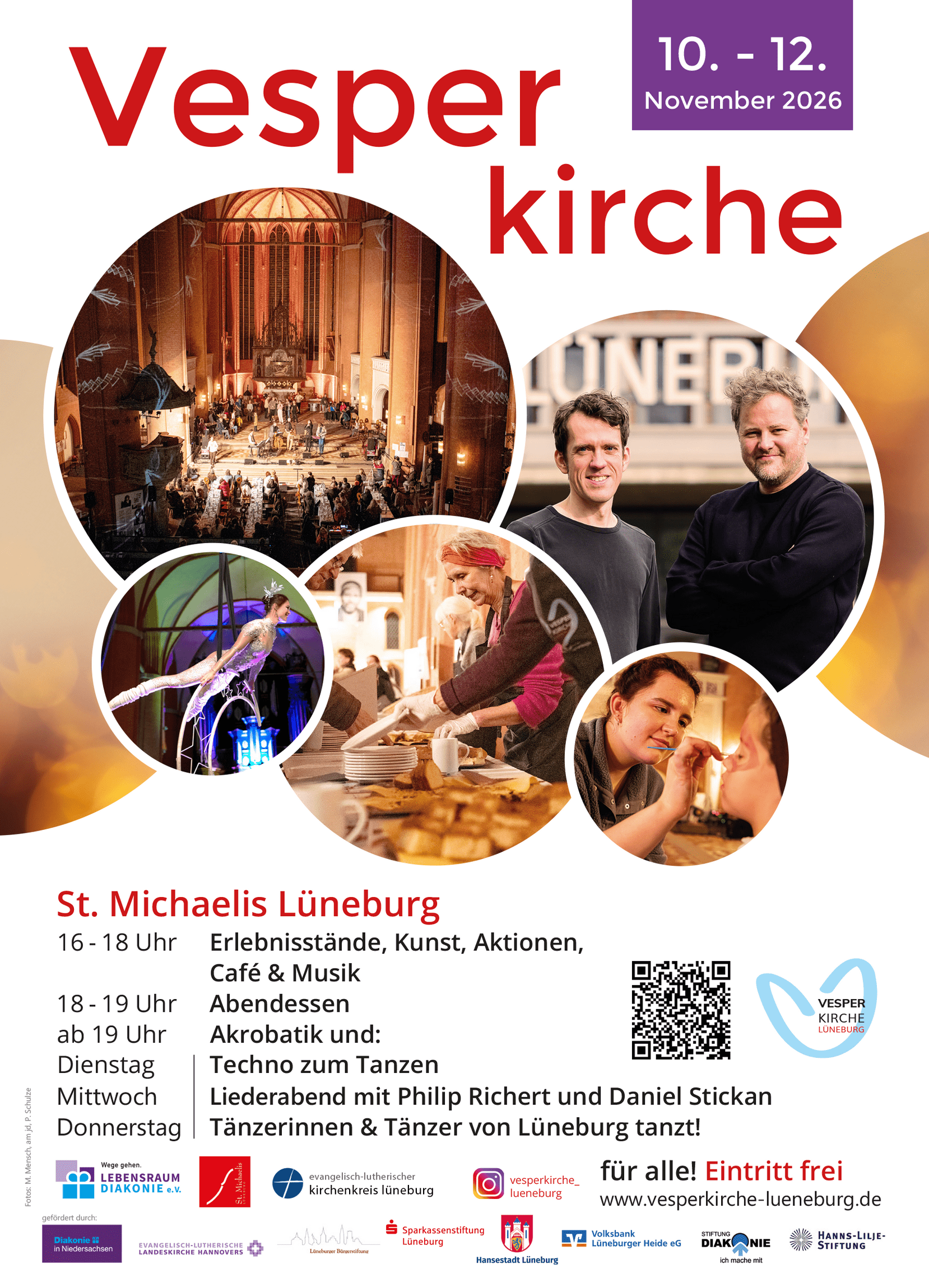 Veranstaltungsplakat mit Bildausschnitten, die die beleuchtete Kirche zeigen, Akrobatin Marlene Kiepke, Kuchenbuffet, Kinderschminken und die Musiker Daniel Stickan und Philip Richert