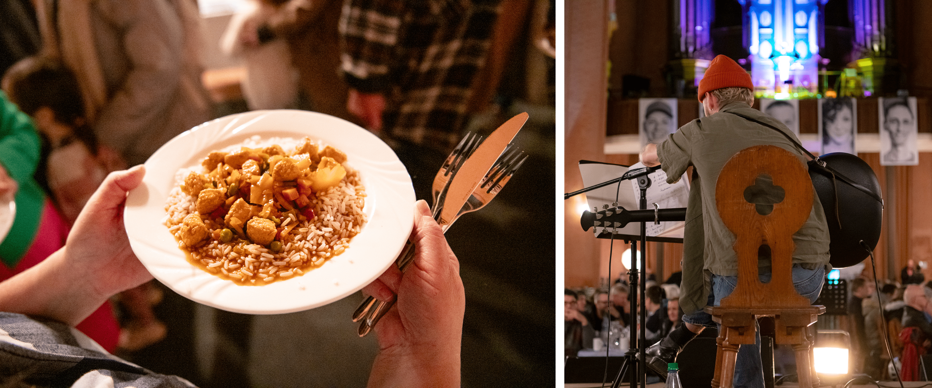 Teller mit Abendessen und Musiker mit Kirchraum