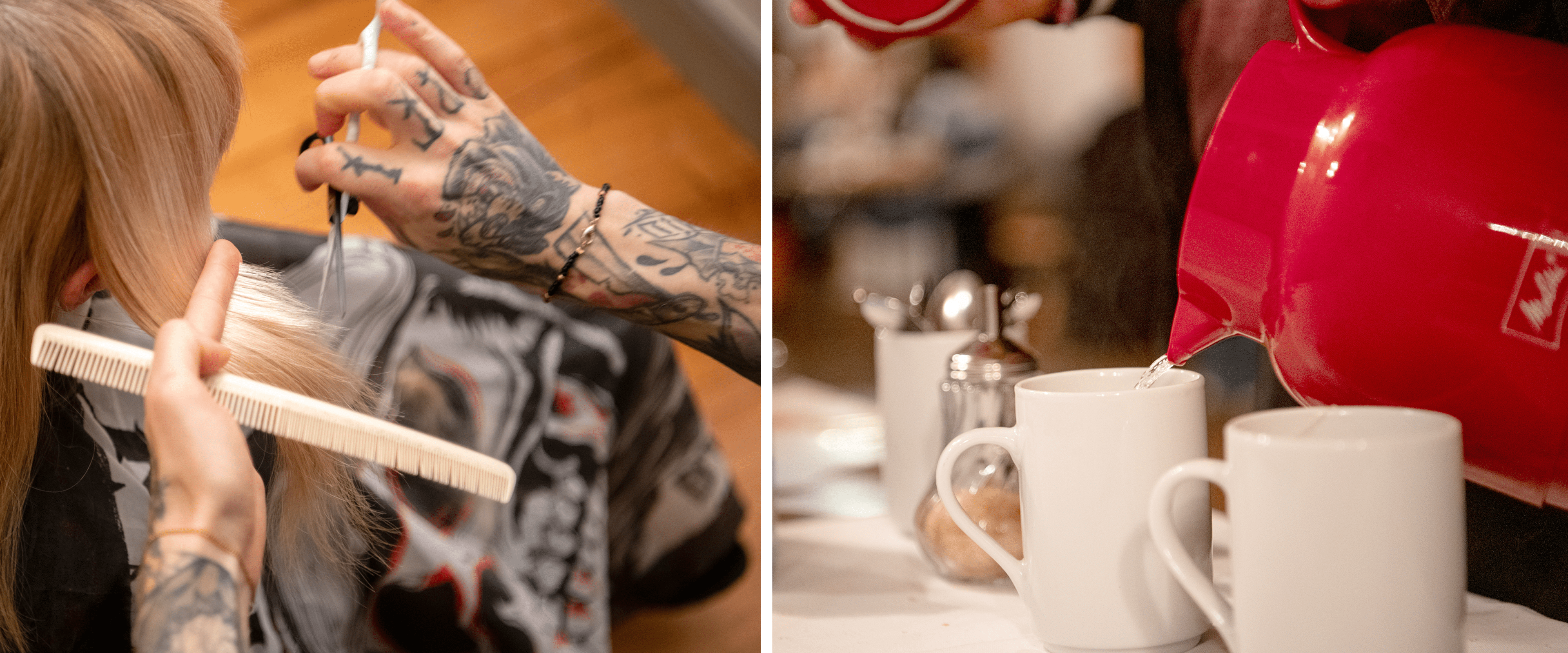 Haare werden geschnitten und Kaffee in Becher eingegossen