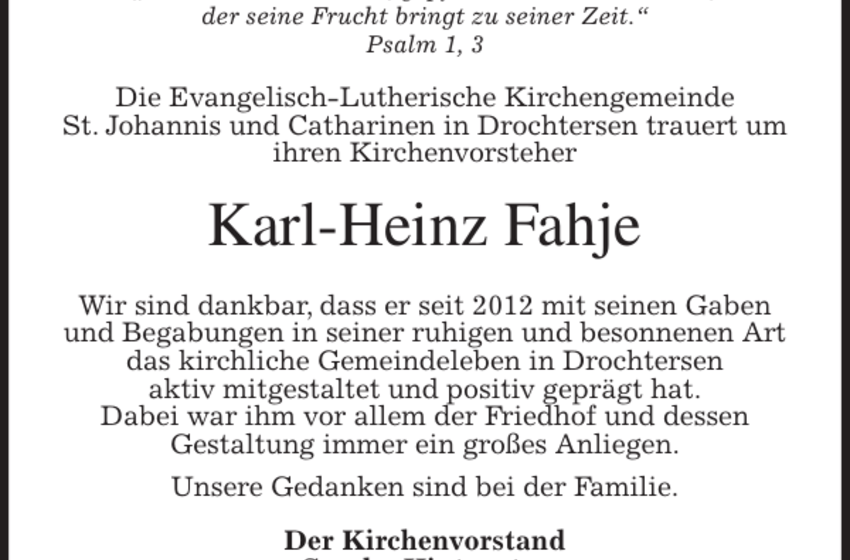 Karl-Heinz Fahje Traueranzeige